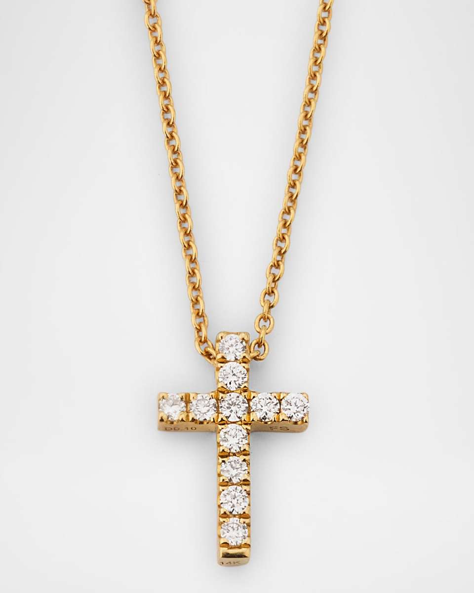 14K Yellow Gold White Diamond Cross Pendant Necklace